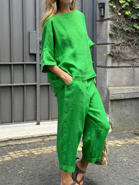 Women's 2-Piece Plus Size Cotton Linen Shirt Set High-Waisted Loose Pants M302296