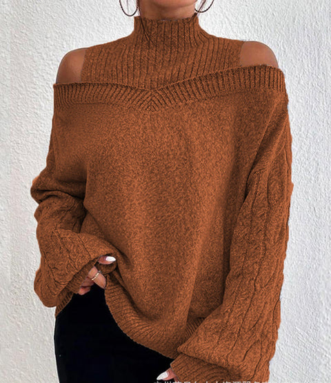 Pull col roulé épaules dénudées, pull ample en maille pour femme m300502 