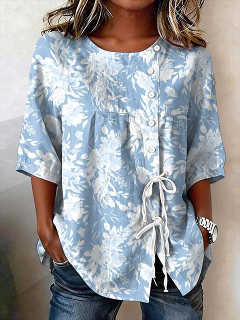 Temperament women's long-sleeved shirt printed top lace-up shirt m302925