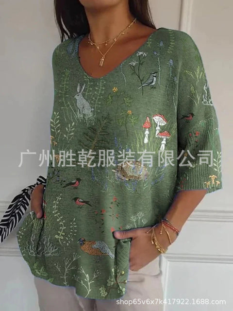 V-neck 3D printed geometric pattern five-quarter sleeve T-shirt top m302777