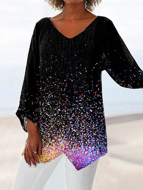 Women's printed animal natural scenery V-neck nine-quarter sleeve loose T-shirt m301289