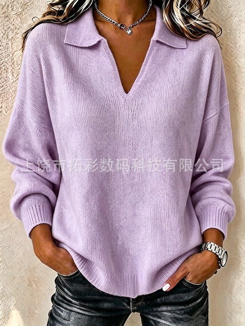 Digital Printed Women's Christmas Lapel Long Sleeve Solid Color Knitted Fleece Sweater FF303269