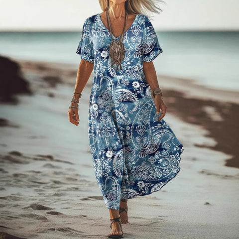 New 3D digital print ladies bohemian fashion V-neck dress summer m301249