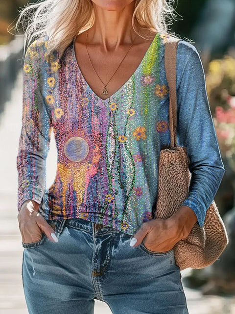 Casual V-neck long-sleeved pullover digital printing T-shirt FF303115