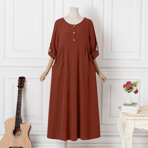 Women's Casual Loose Flip Sleeves Long Sleeves Crew Neck Pocket Large Size Cotton and Linen Dress Women's M302067