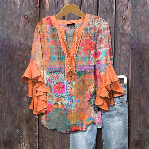 Kreativer Digitaldruck mit Blumenelementdruck, lässiger Trend, V-Ausschnitt, Lotuskante, T-Shirt m301358 