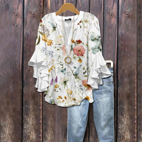 Creative floral element printing digital printing casual trend V-neck lotus edge T-shirt m301352