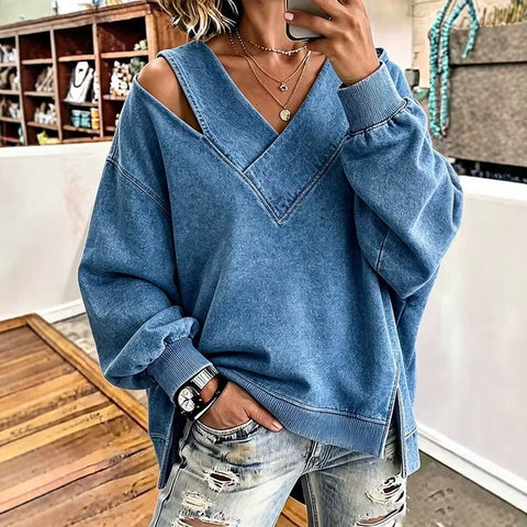 Open shoulder sweater autumn and winter new age-reducing foreign style V-neck leopard print long-sleeved top FF303328