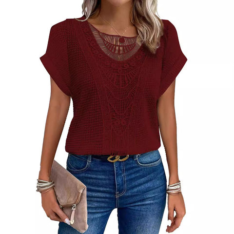 Lace splicing short-sleeved t-shirt spot cross-border women's clothing m301776