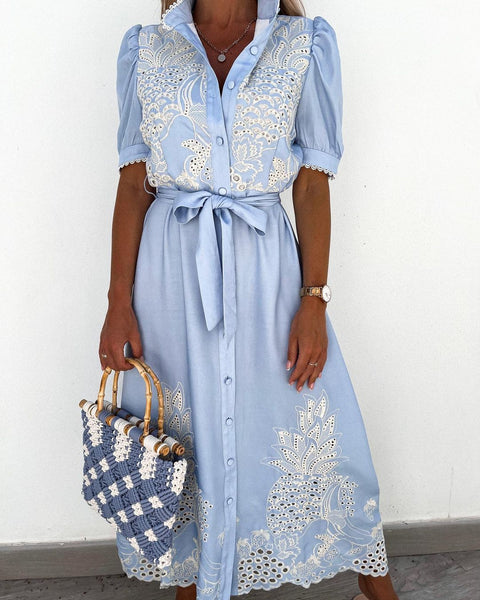 Summer new hollow short-sleeved waist pendulum dress m301880