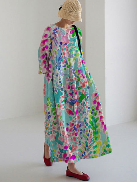 Lockeres, modisches Premium-Kleid mit Rundhalsausschnitt und langen Ärmeln und Aufdruck m301044