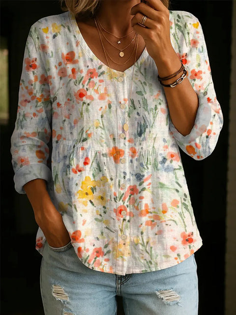 Crew Neck Women's Floral 3D Printed Henley Shirt m303180