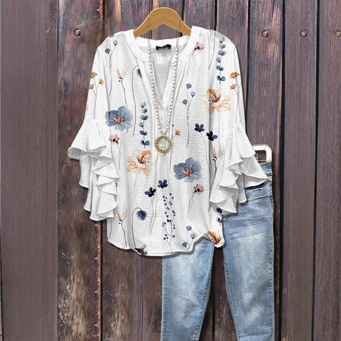 Creative floral element printing digital printing casual trend V-neck lotus edge T-shirt m301352