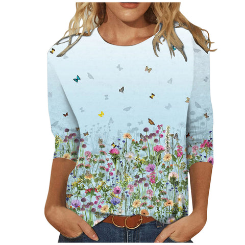 Women's Clothing round Neck 3/4 Sleeves Loose Print T-shirt M300227