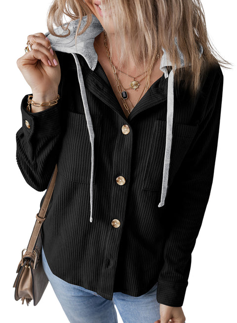 Lapel buckle cardigan purse hooded pull rope striped jacket women m301008