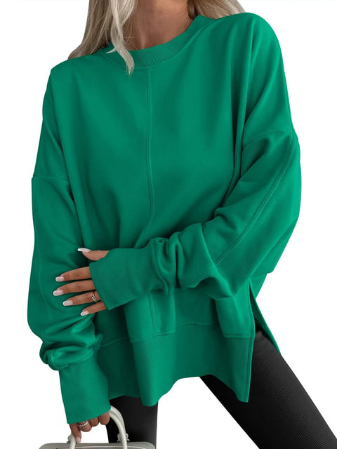 Loose sweater side split splicing round neck bat sleeve fleece top m302100