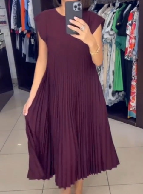 Fashion round neck sleeveless pleated dress m301308
