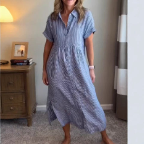 Loose large size striped short-sleeved shirt dress women's summer new casual cotton and linen medium and long skirt m302066