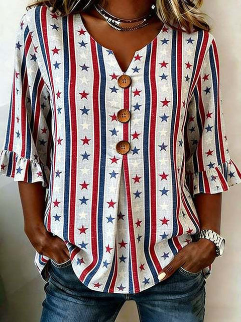 Small V-neck shirt flared sleeve printed button-down shirt m302753