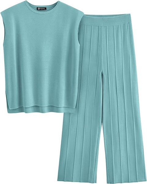 Women's knitted casual suit sleeveless vest knitted sweater + wide-leg pants two-piece set m301592