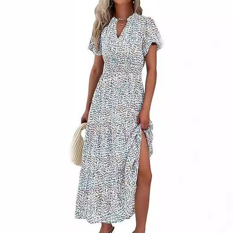 V-Ausschnitt, Plissiert, bedrucktes Kurzarmkleid m300104 