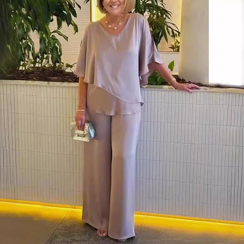 Set Solid color V-neck irregular hem casual set m301319