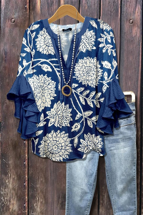 Creative floral element printing digital printing casual trend V-neck lotus edge T-shirt women's top m301778