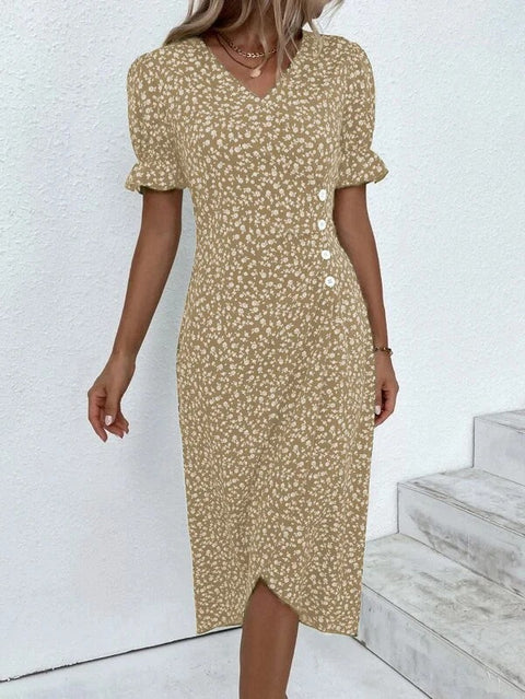 Geometric collage bubble sleeves irregular hem dress m301272