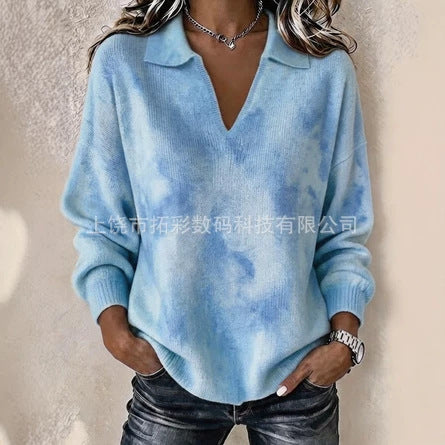 Digital Printed Women's Christmas Lapel Long Sleeve Solid Color Knitted Fleece Sweater FF303269