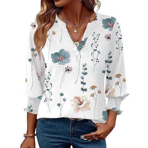 Fashion top seven-quarter sleeve flower print casual shirt summer T-shirt women's m301563