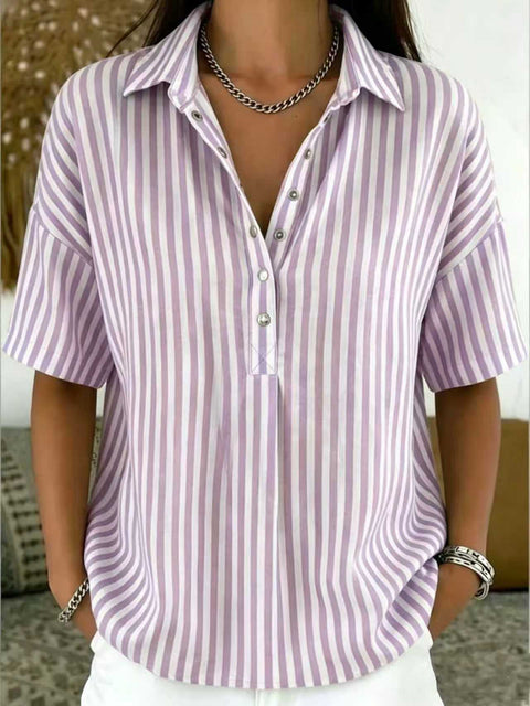 Women's fashion casual striped short-sleeved shirt lapel m302741