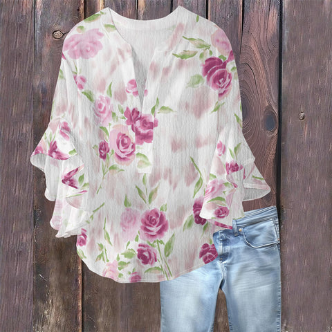 Creative floral element printing digital printing casual trend V-neck lotus edge T-shirt women's m301769