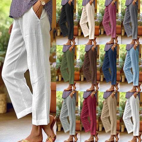 Cotton and linen loose solid color elastic waist pocket straight casual pants m301571