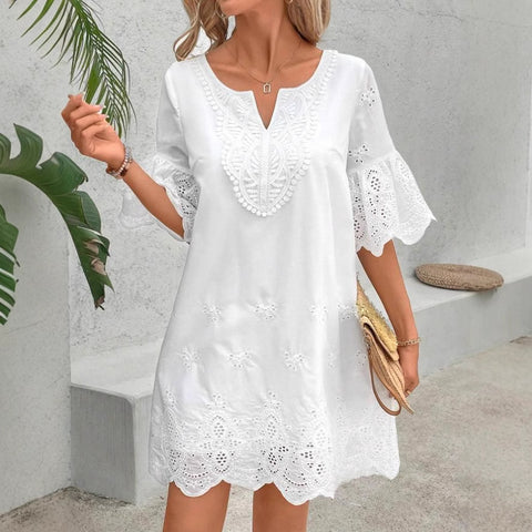 Hollow embroidery fashion casual lace v-neck five-quarter sleeve dress m301469