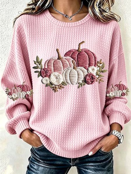 Waffle long-sleeved crew neck sweater literary retro FF303287