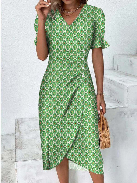 Geometric collage bubble sleeves irregular hem dress m301272
