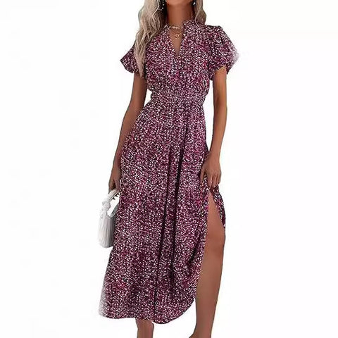 V-Ausschnitt, Plissiert, bedrucktes Kurzarmkleid m300104 
