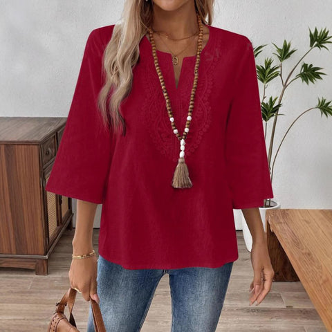 Women's loose solid color V-neck lace edge shirt m301477