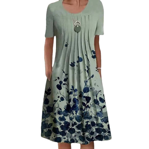 Spring/Summer Floral Print Crew Neck Pocket Medium Length Dress m300905