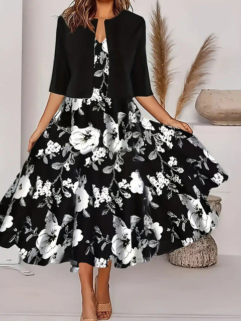 New women's long dress two-piece set flower and grass print crew neck dress jacket m302471