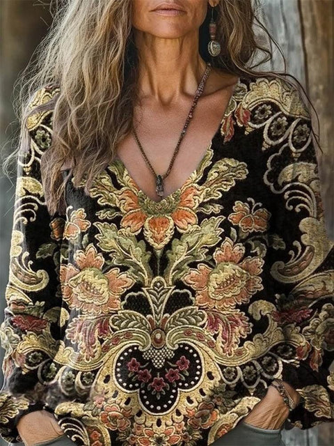 casual V-neck long-sleeved pullover loose digital printing women's top T-shirt m301736