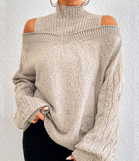 Pull col roulé épaules dénudées, pull ample en maille pour femme m300502 