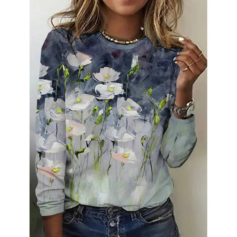 Long Sleeve T-Shirt Women's Solid Color Flower m300934
