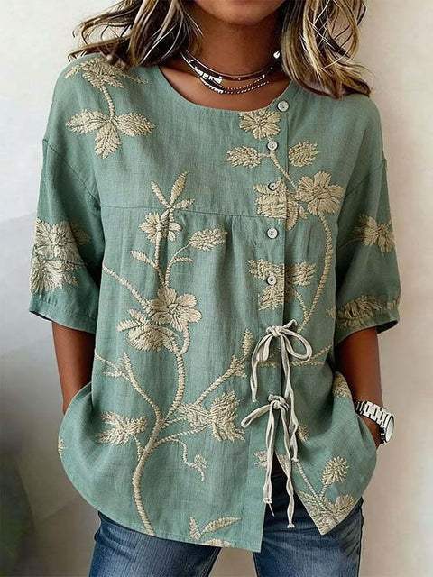 Temperament women's long-sleeved shirt printed top lace-up shirt m302925