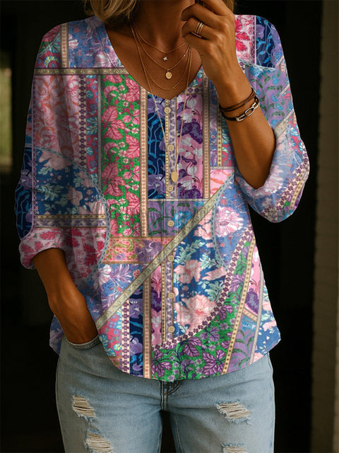 Crew Neck Women's Floral 3D Printed Henley Shirt m303180