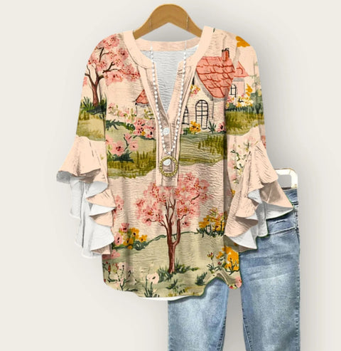 Creative floral element printing digital printing casual trend V-neck lotus edge T-shirt women's top m301778