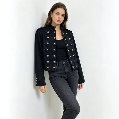 Stand-up collar black washed denim short jacket metal buckle shoulder badge slim fit fashion short women's jacket m303317
