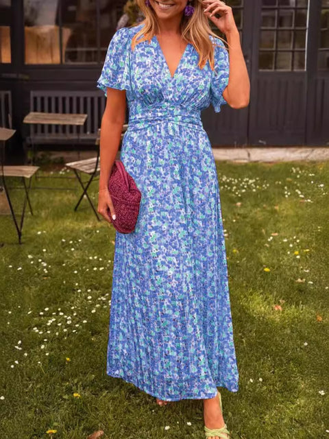 Temperament printed waist V-neck dress m301307
