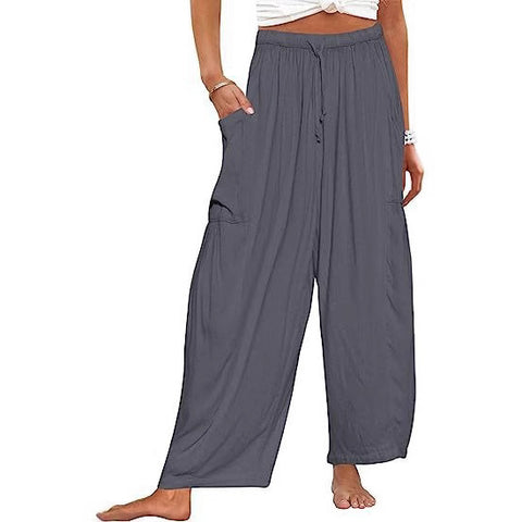 Elastic waist pleated middle waist straight pants loose casual cotton and linen nine-point pants m301883