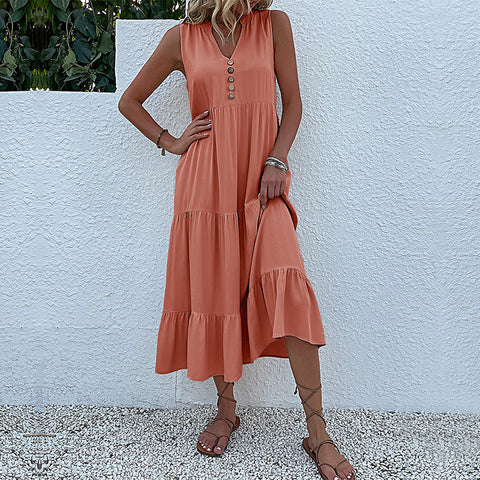 Summer popular sleeveless pleated skirt loose V-neck medium and long dress m300851